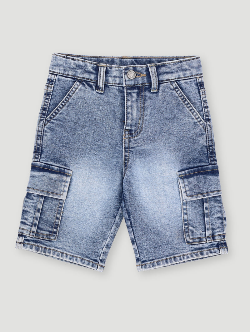 Pre-Boys Stone Wash Cargo Denim Short - Dark Blue