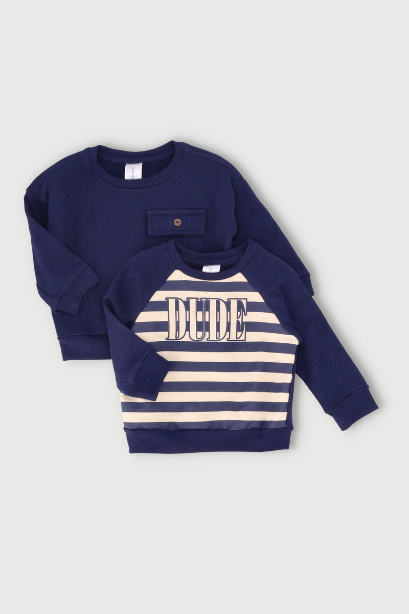 Baby Boys 2 Pack Brushed Fleece Dude Sweat Top - Cream/Navy