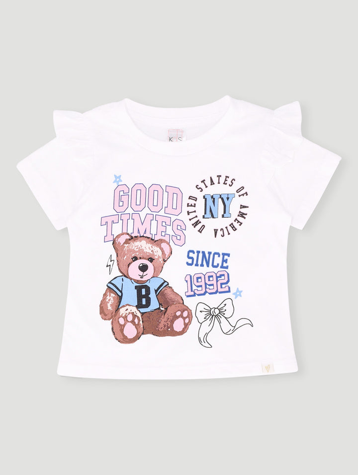 Pre-Girls Shoulder Frill Teddy Tee - White