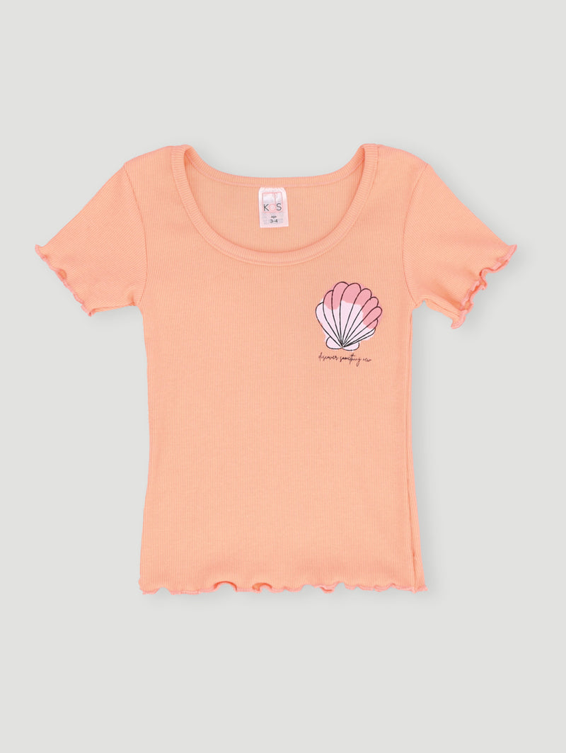 Pre- Girls Small Shell Print Rib Tee - Coral