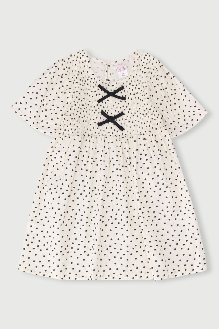 Pre-Girls Polka Dot Dress With Bows - Stone