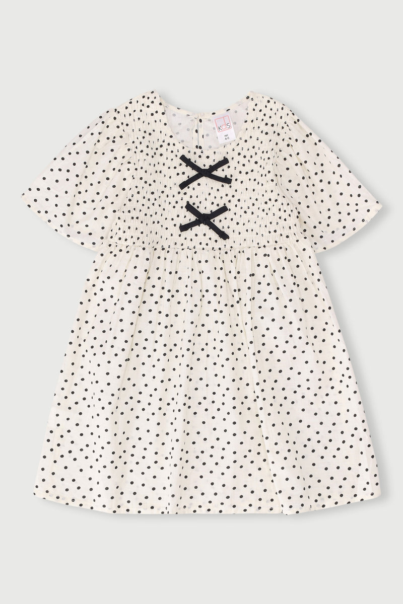 Pre-Girls Polka Dot Dress With Bows - Stone