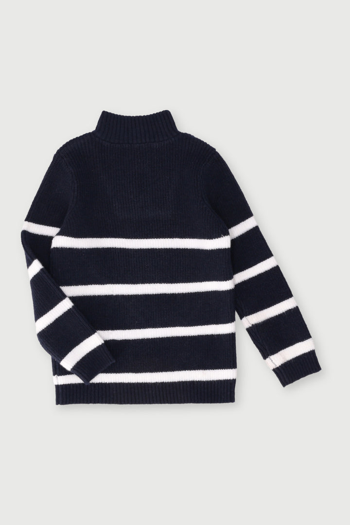 Pre-Boys Striped 14 Zip Knit - Navy/White