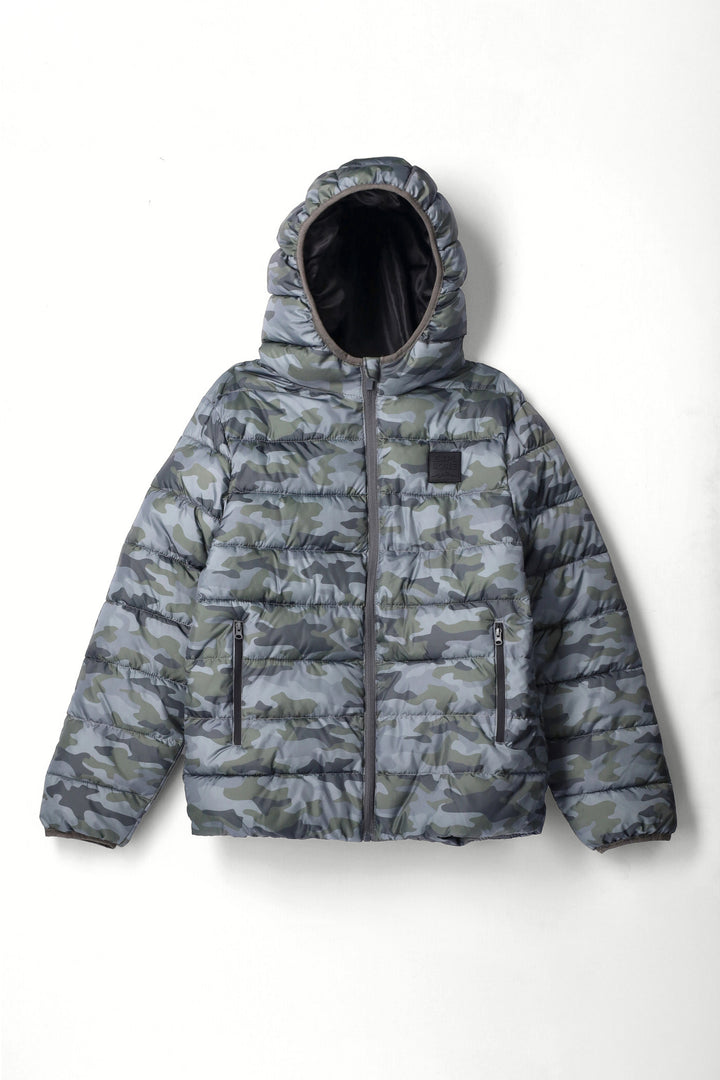 Boys Camo Print Puffer Jacket - Green