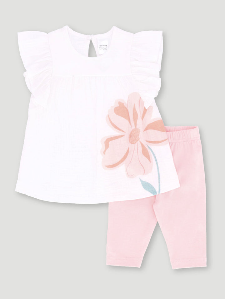 Baby Girls Frill Flower Woven Tunic Set - Peach