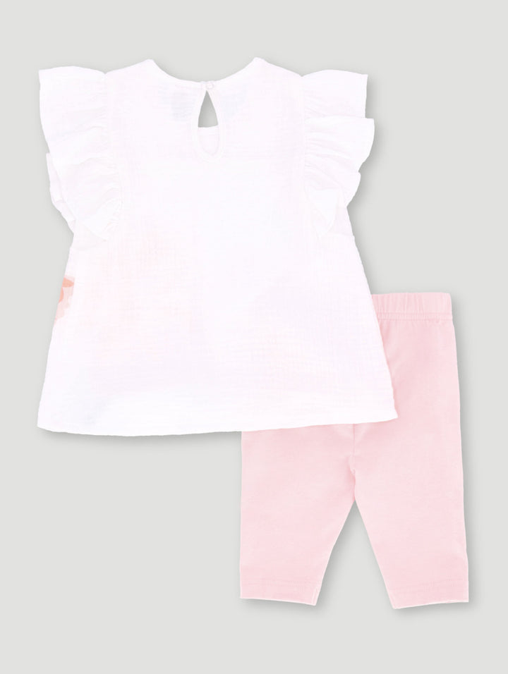 Baby Girls Frill Flower Woven Tunic Set - Peach