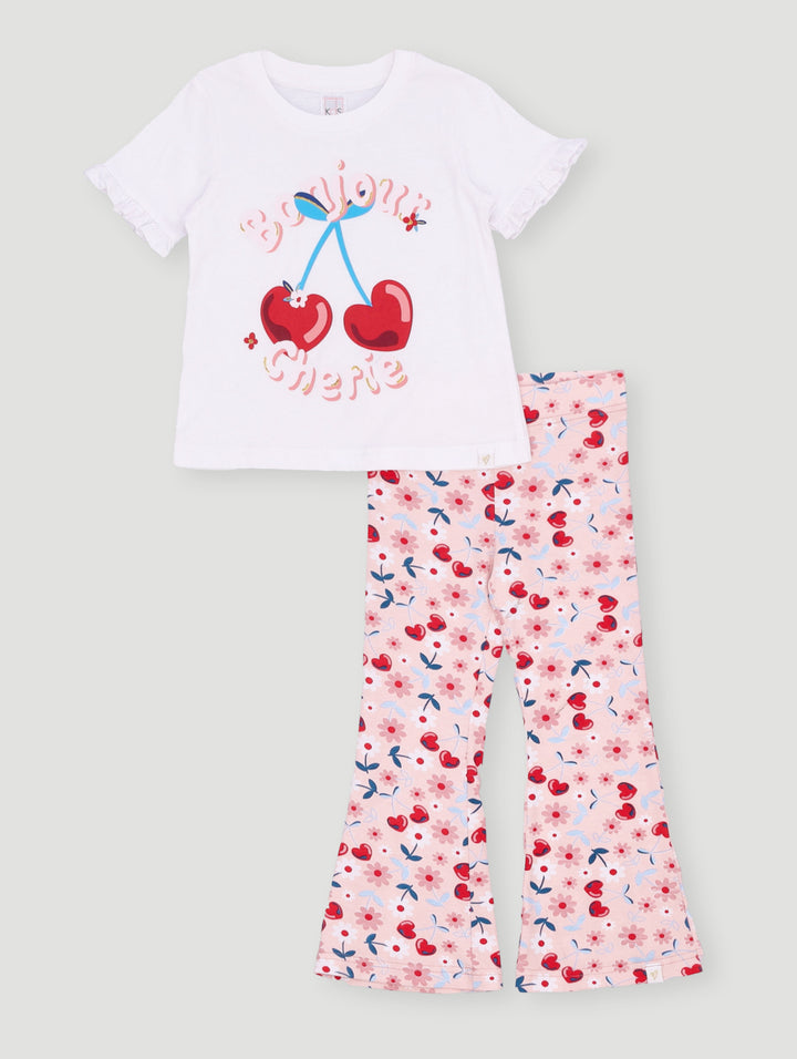 Pre- Girls Cherry Tee And Flare Leg Set - White