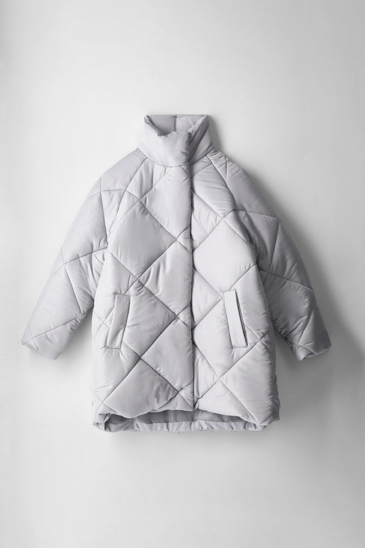 Girls Diamond Quilted Long Length Puffer Coat - Light Grey
