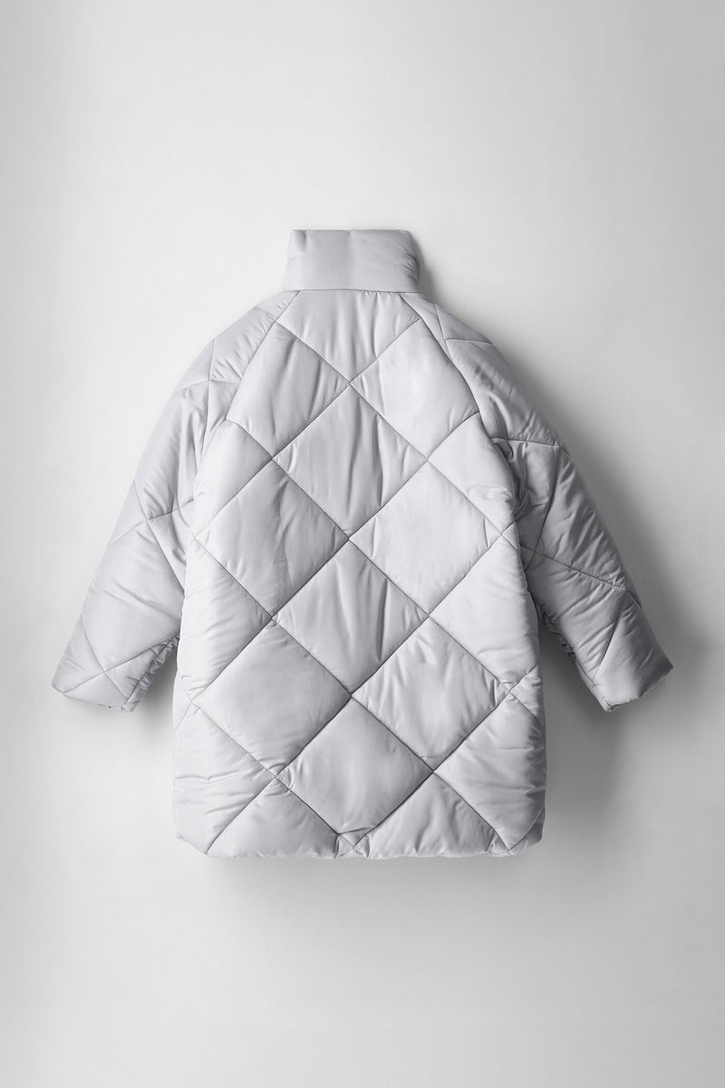 Girls Diamond Quilted Long Length Puffer Coat - Light Grey