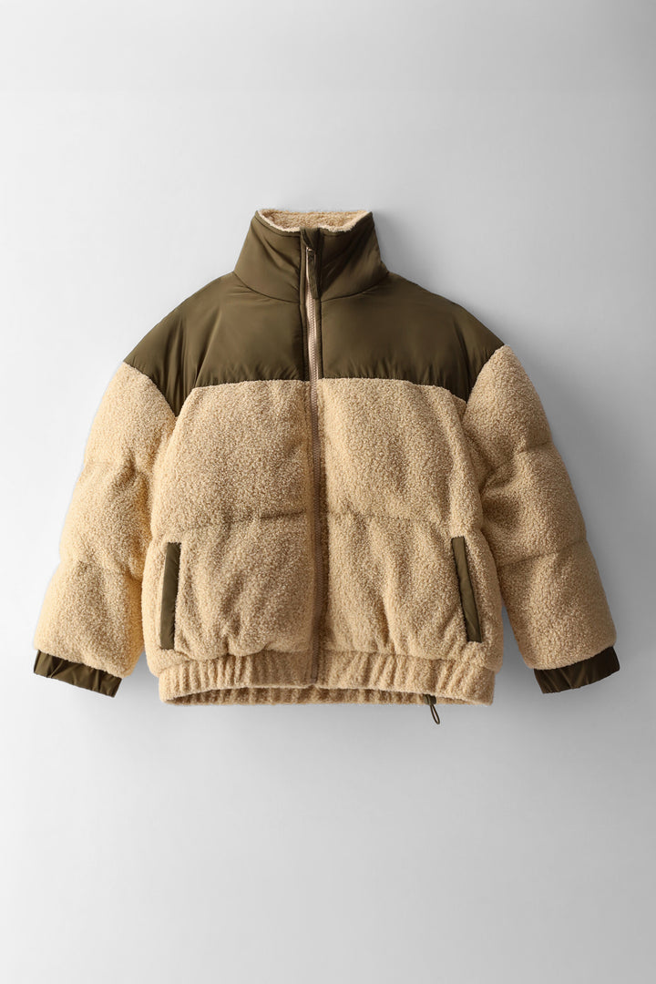 Girls 2 Tone Teddy Fur Puffer Jacket - Stone