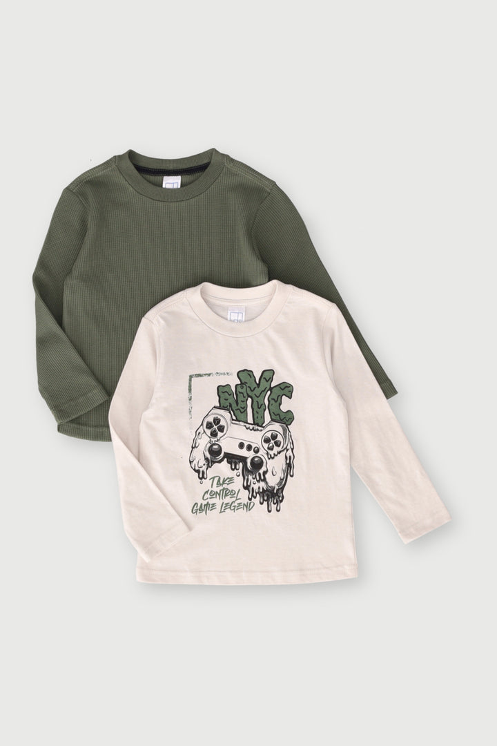 Pre-Boys 2 Pack  Long Sleeve Graffiti Tee - Olive/Stone