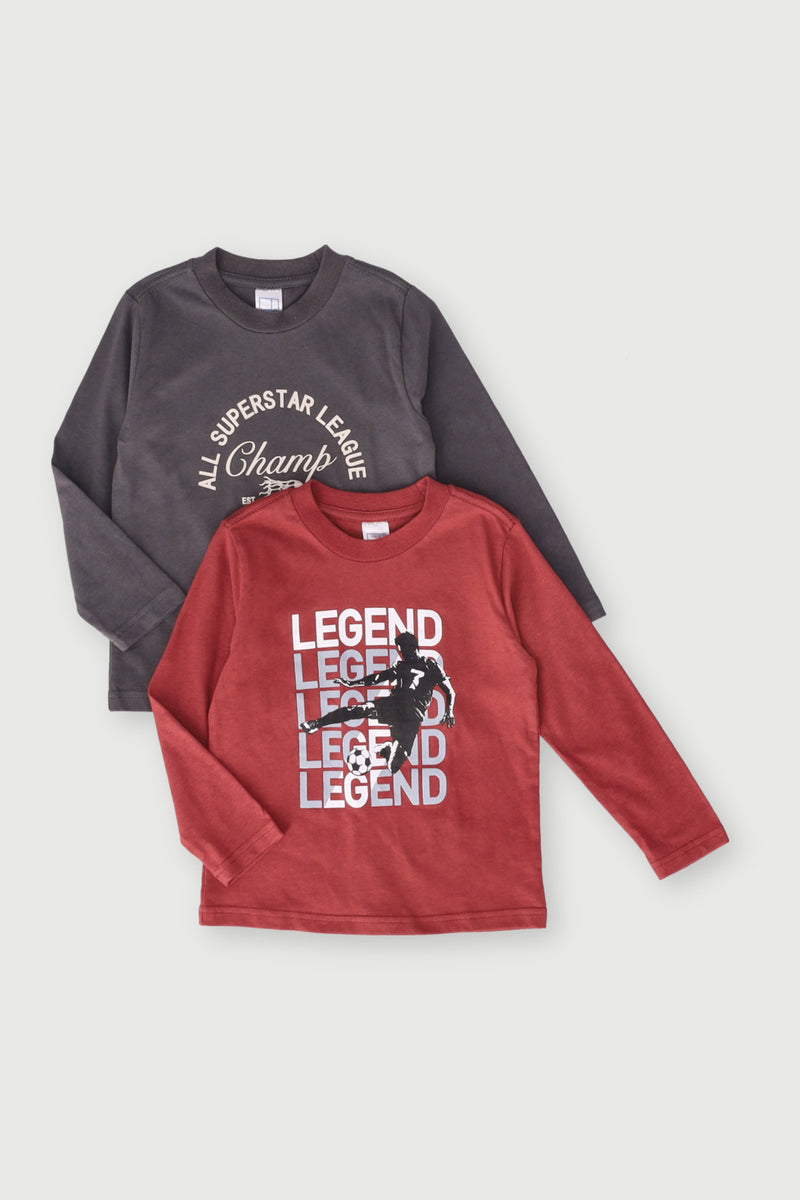 Pre-Boys 2 Pack Long Sleeve Tee Printed Collegial Soccer - Red/Charcoal