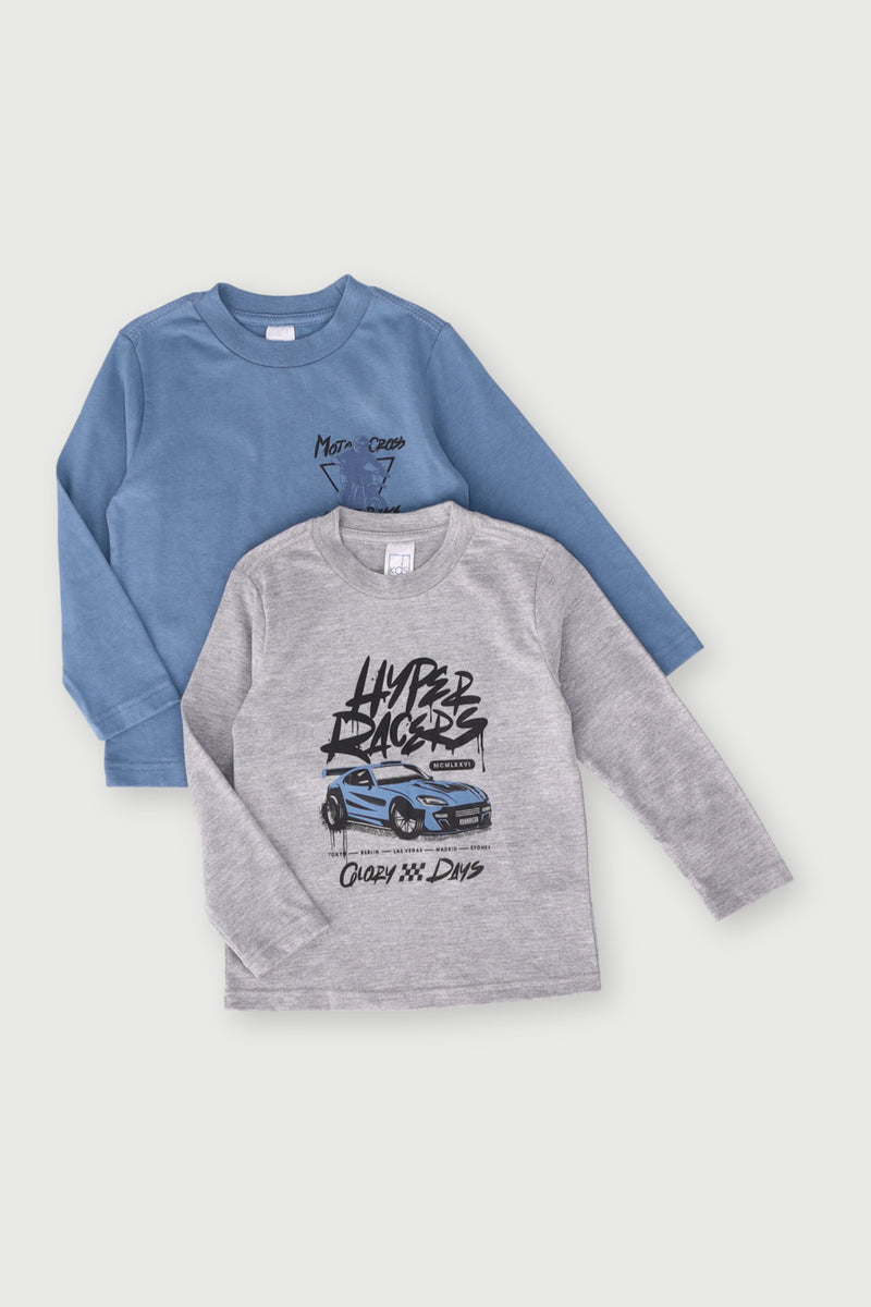 Pre-Boys 2 Pack Long Sleeve Tee Printed  Car/Bike - Blue/Grey Melange