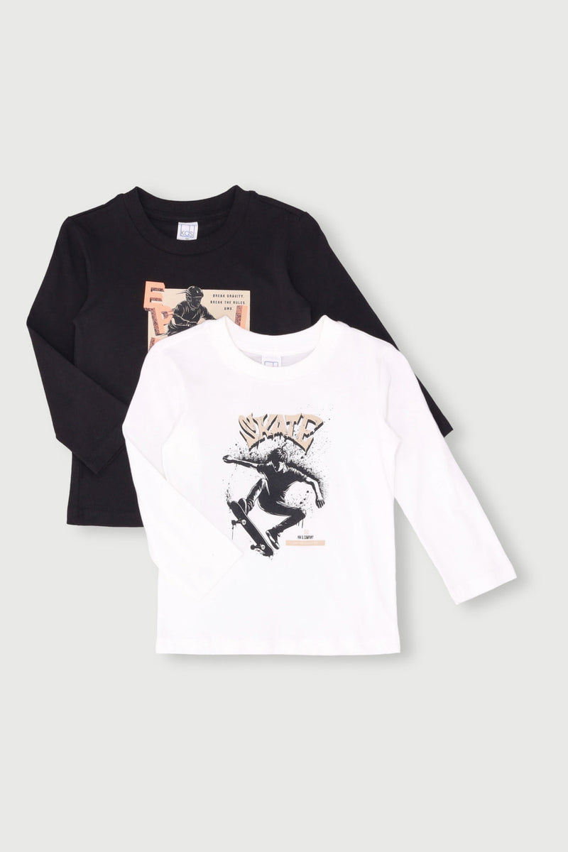 Pre-Boys 2 Pack Long Sleeve Printed BMX Skate Top - White/Black