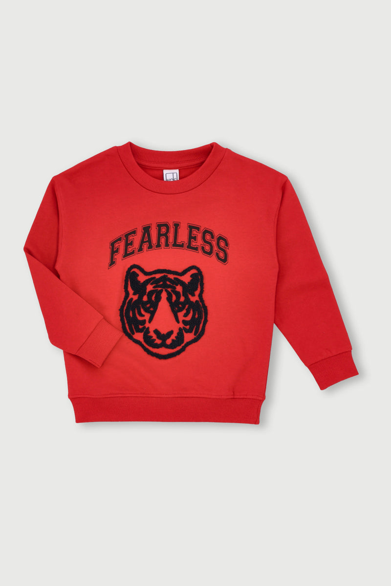 Pre- Boys 3D Tiger Embroidered Crew Top - Red