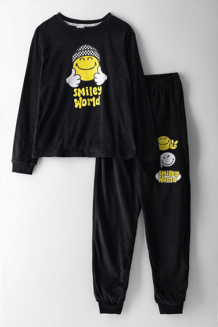 Boys Smiley Long Velour Sleep Set - Black