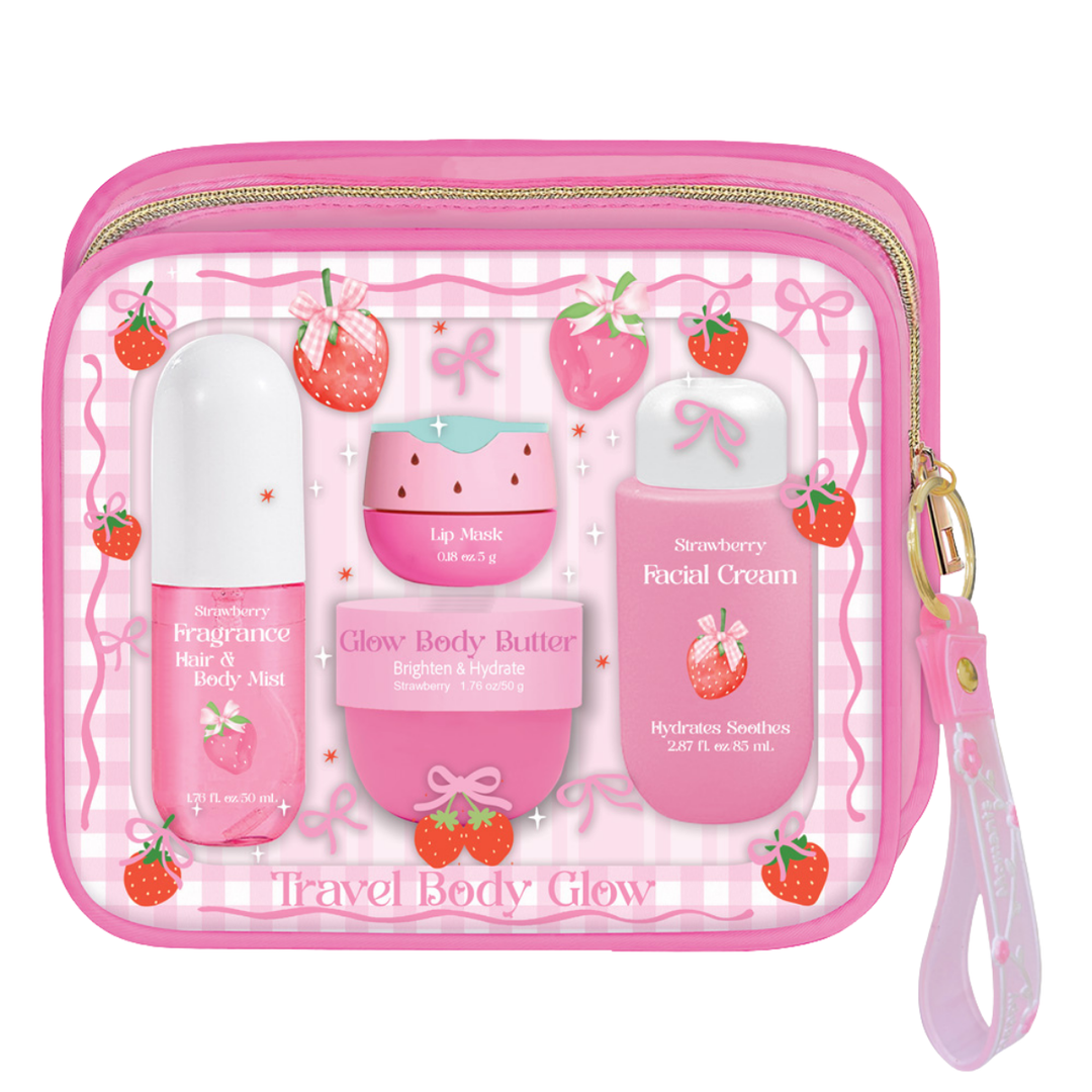 GlowMode Strawberry Travel Body Glow – Self-Care & Beauty Kit with Strawberry Pouch