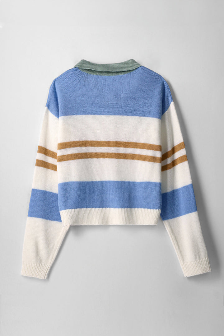 Girls Collared Stripe College Pullover - Cream