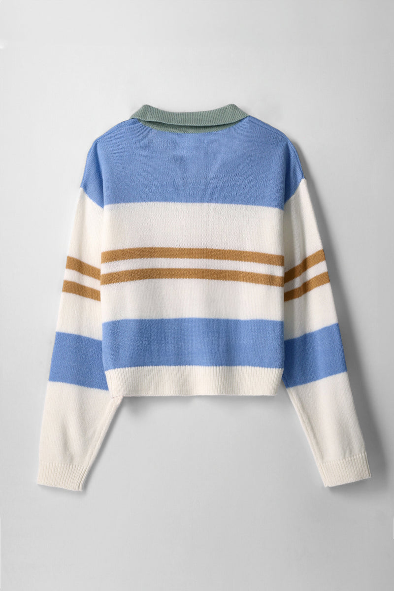 Girls Collared Stripe College Pullover - Cream