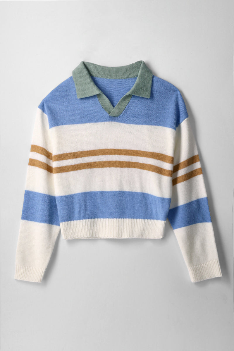 Girls Collared Stripe College Pullover - Cream