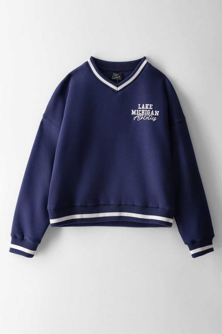 Girls Athletic 2 Tone Rib Printed Pullover - Navy