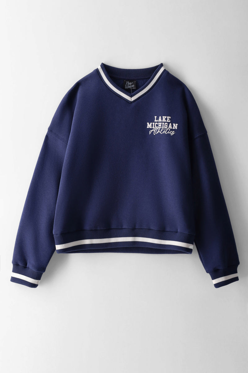 Girls Athletic 2 Tone Rib Printed Pullover - Navy