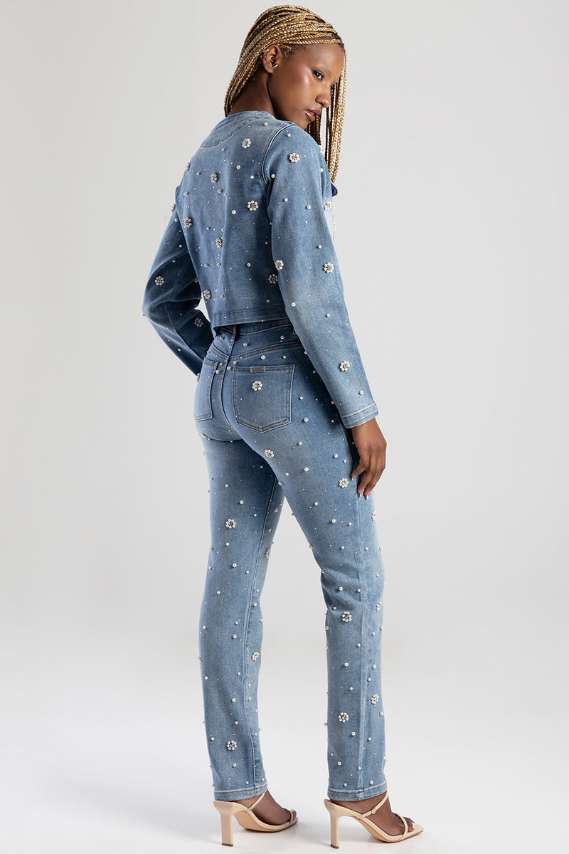 Riveted Pearl Detail Jacket With Front Pockets - Light Wash