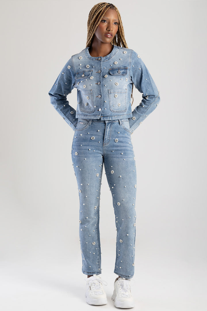 Riveted Pearls & Diamante Detail Mid Waist Skinny Denim - Light Wash