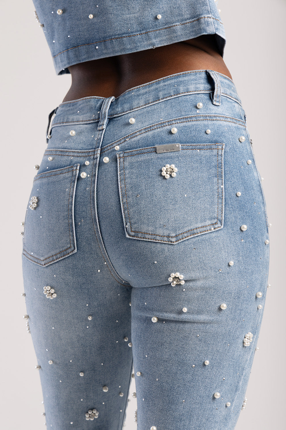 Riveted Pearls & Diamante Detail Mid Waist Skinny Denim - Light Wash