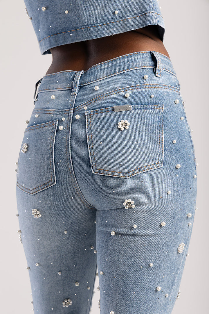 Riveted Pearls & Diamante Detail Mid Waist Skinny Denim - Light Wash