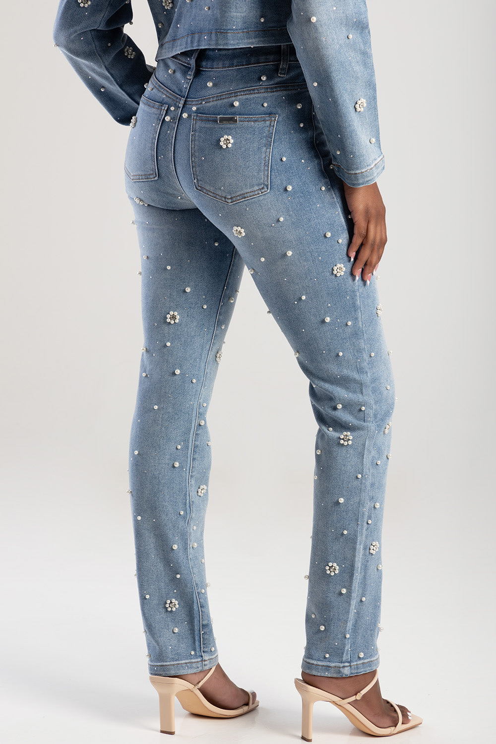 Riveted Pearls & Diamante Detail Mid Waist Skinny Denim - Light Wash
