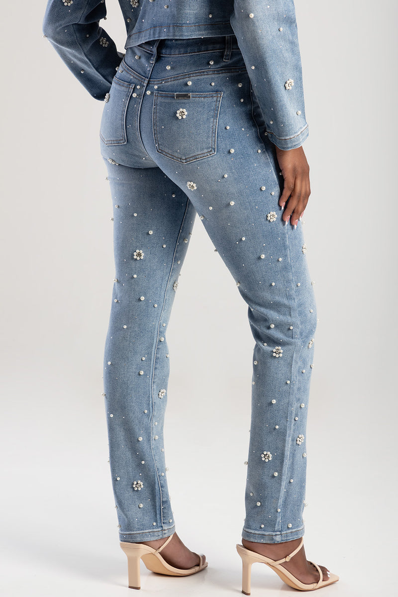 Riveted Pearls & Diamante Detail Mid Waist Skinny Denim - Light Wash