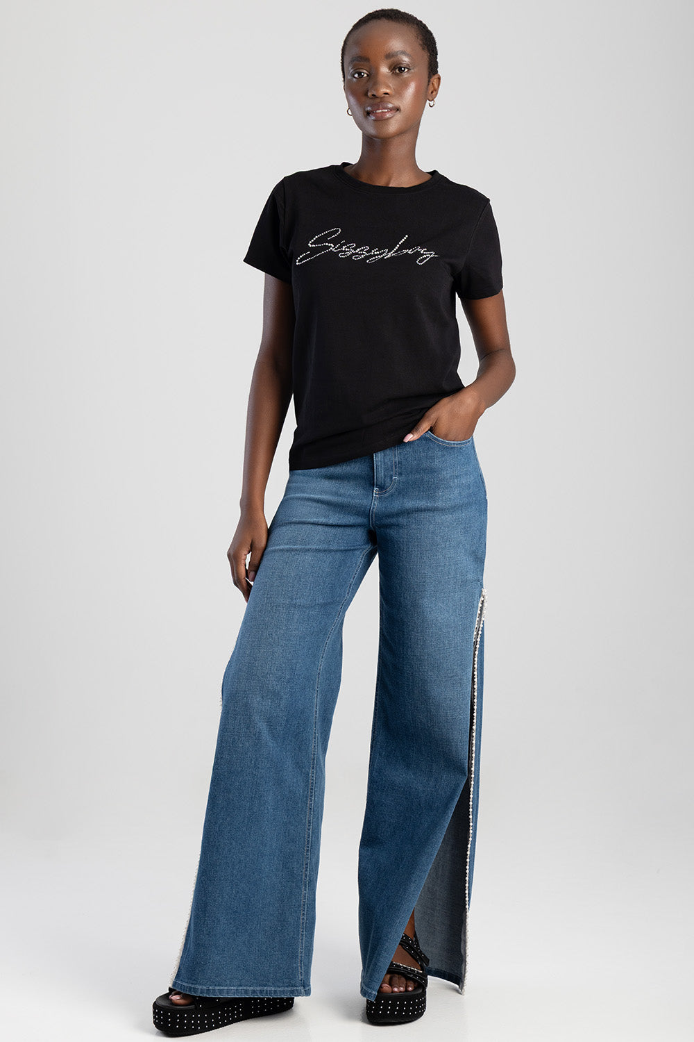 Pearl & Diamante Logo Transfer T-Shirt - Black