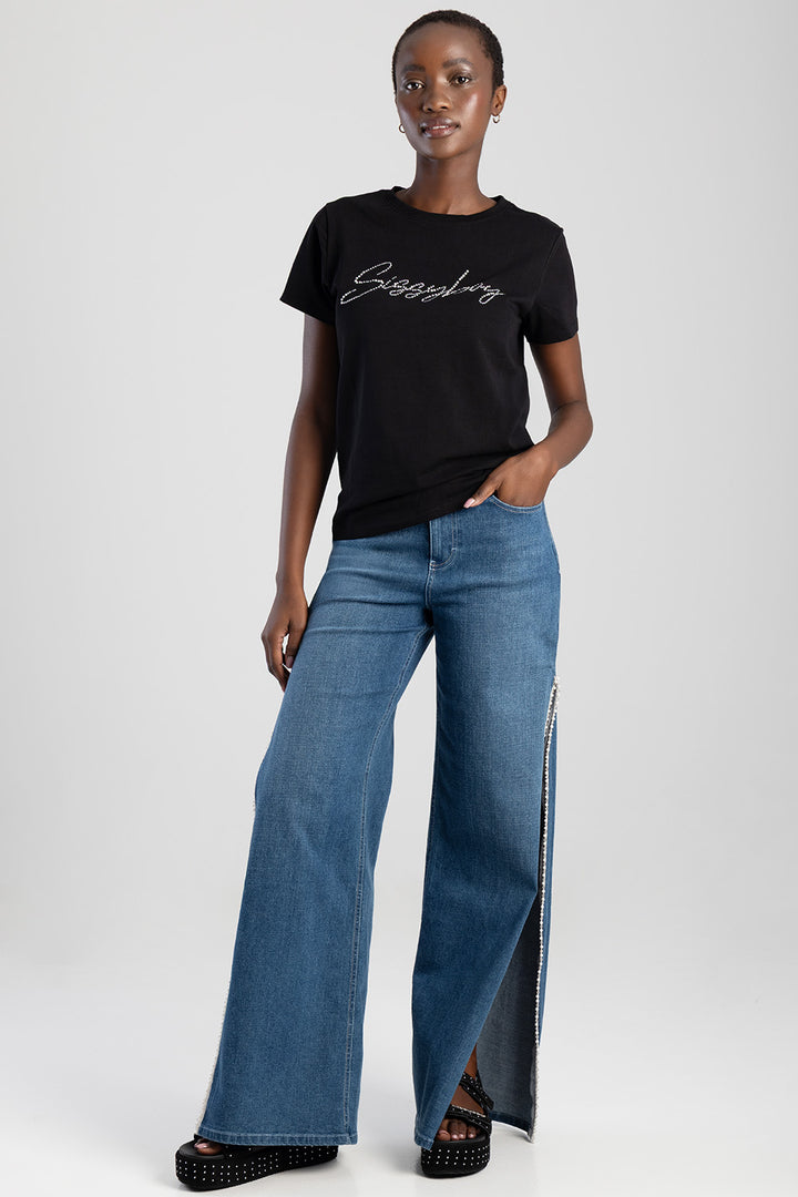 Pearl & Diamante Logo Transfer T-Shirt - Black