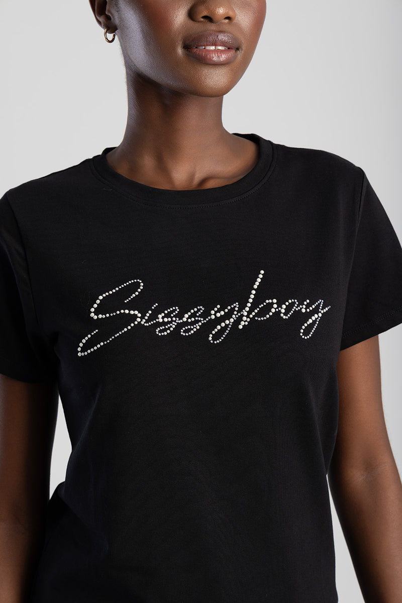 Pearl & Diamante Logo Transfer T-Shirt - Black