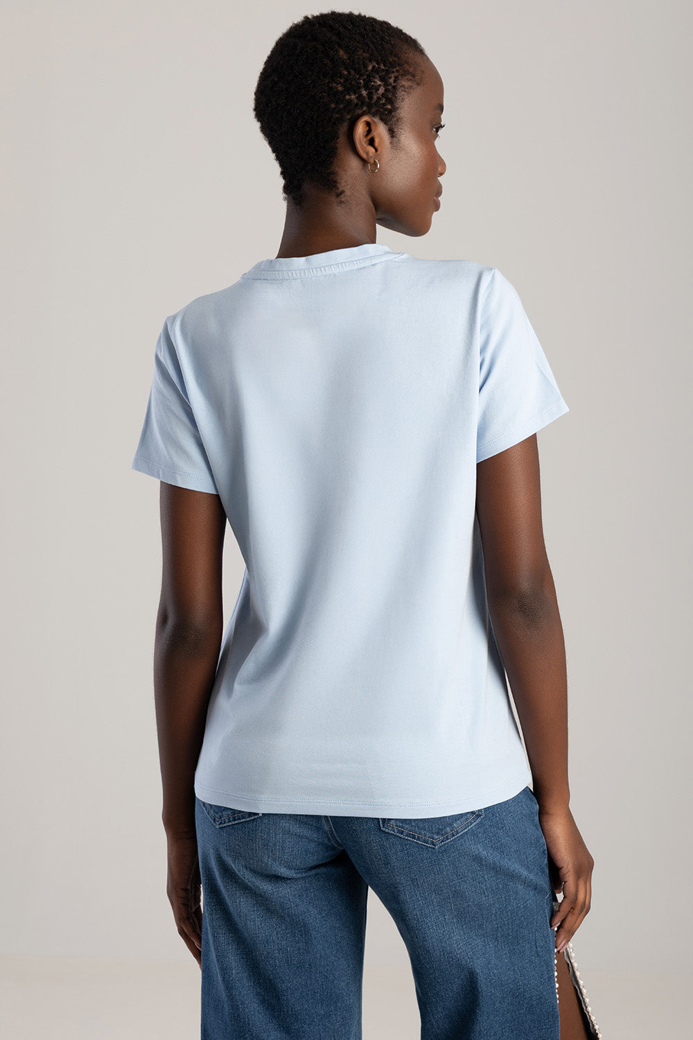 Pearl & Diamante Logo Transfer Regular T-Shirt - Pale Blue