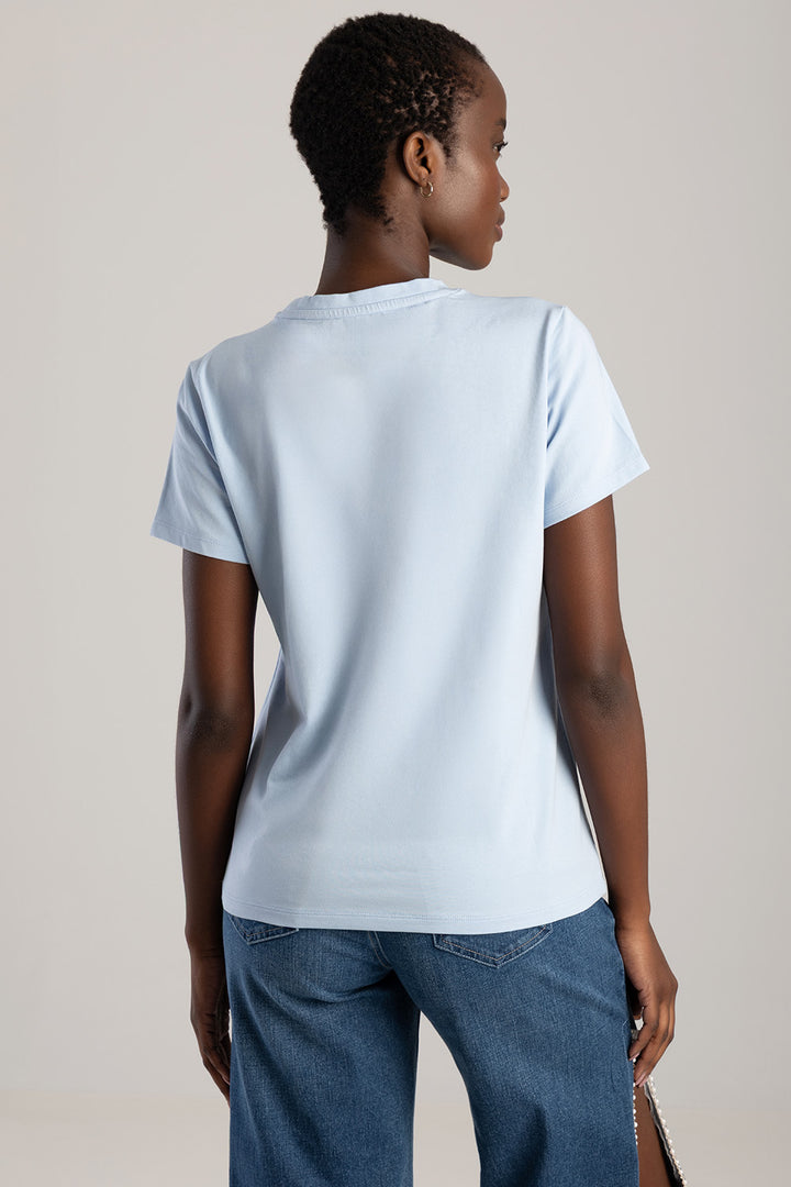 Pearl & Diamante Logo Transfer Regular T-Shirt - Pale Blue