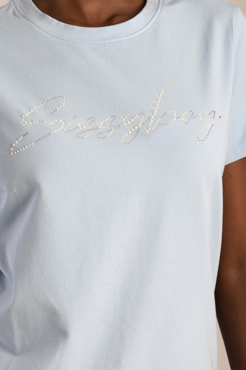 Pearl & Diamante Logo Transfer Regular T-Shirt - Pale Blue