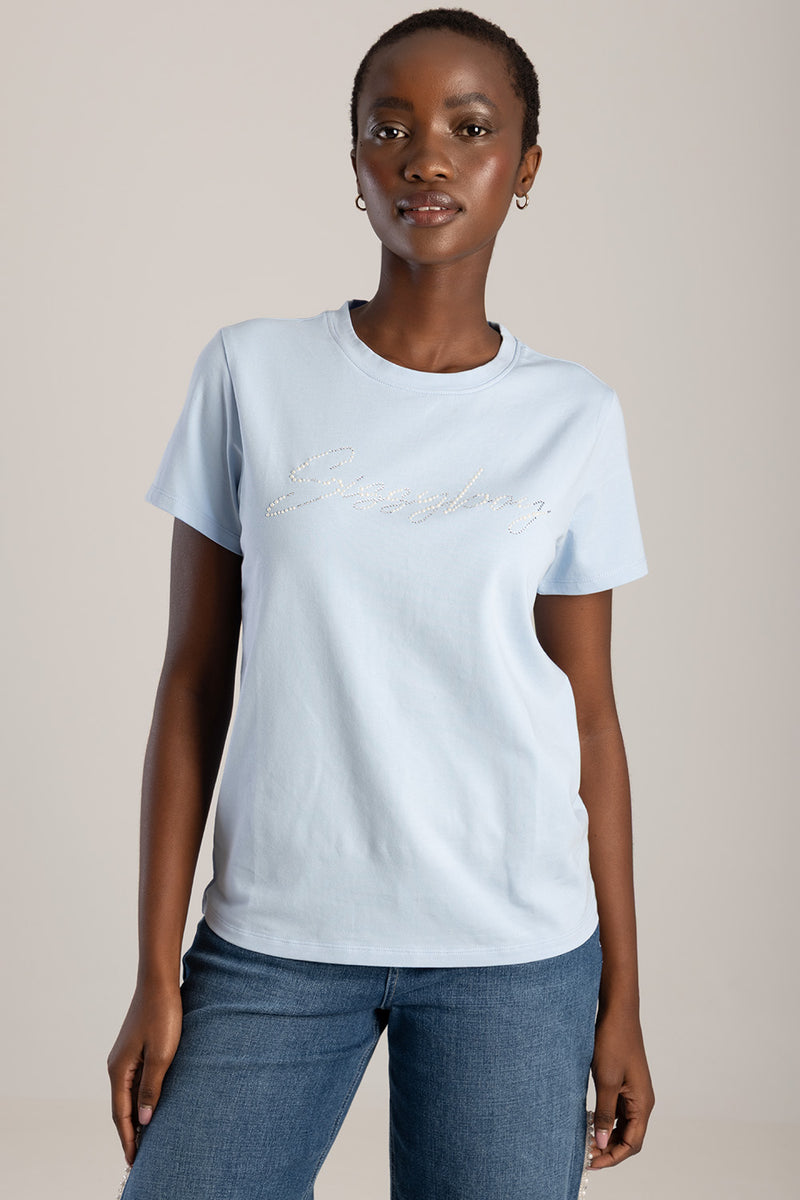 Pearl & Diamante Logo Transfer Regular T-Shirt - Pale Blue