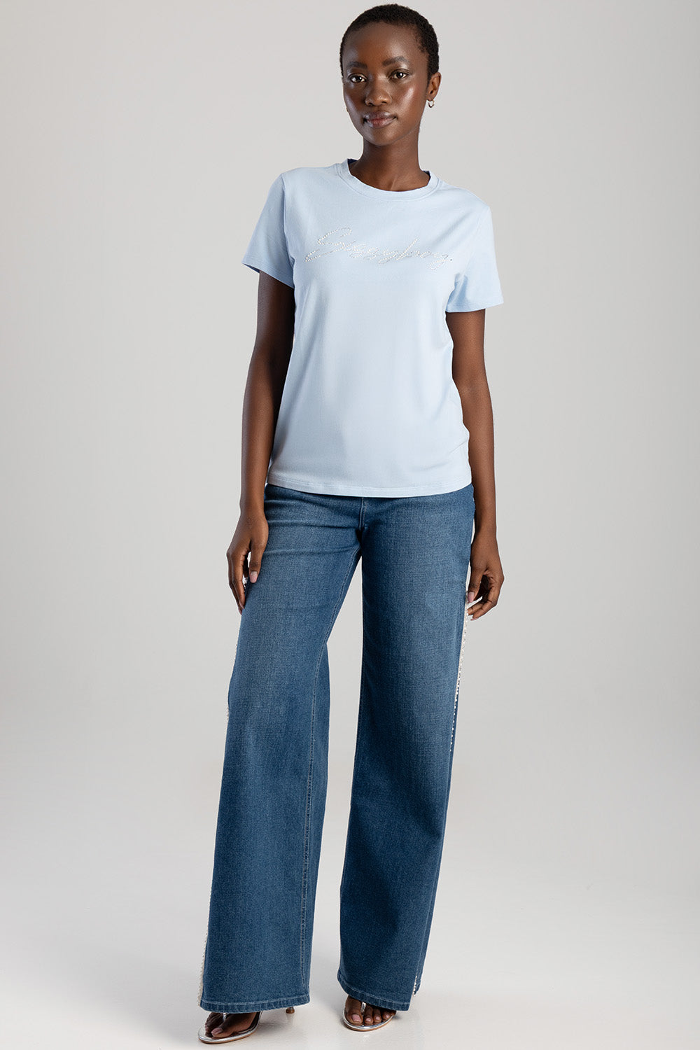 Pearl & Diamante Logo Transfer Regular T-Shirt - Pale Blue