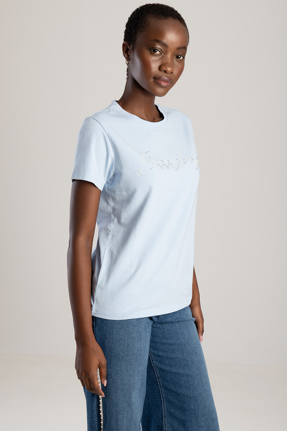 Pearl & Diamante Logo Transfer Regular T-Shirt - Pale Blue