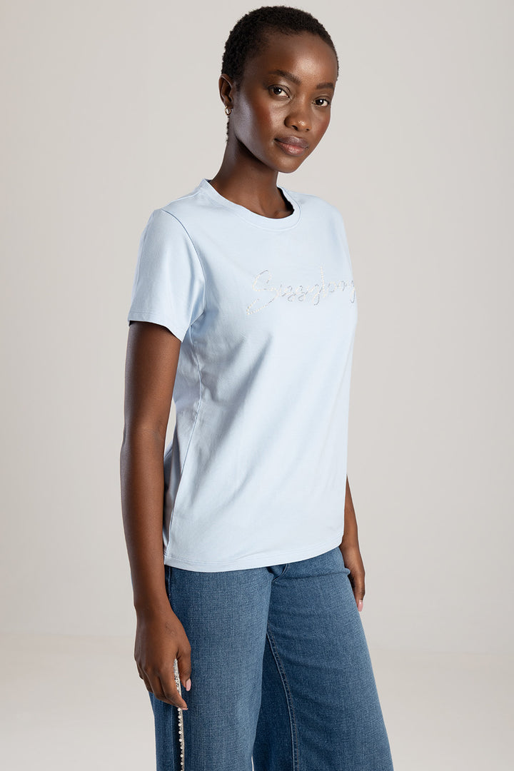 Pearl & Diamante Logo Transfer Regular T-Shirt - Pale Blue