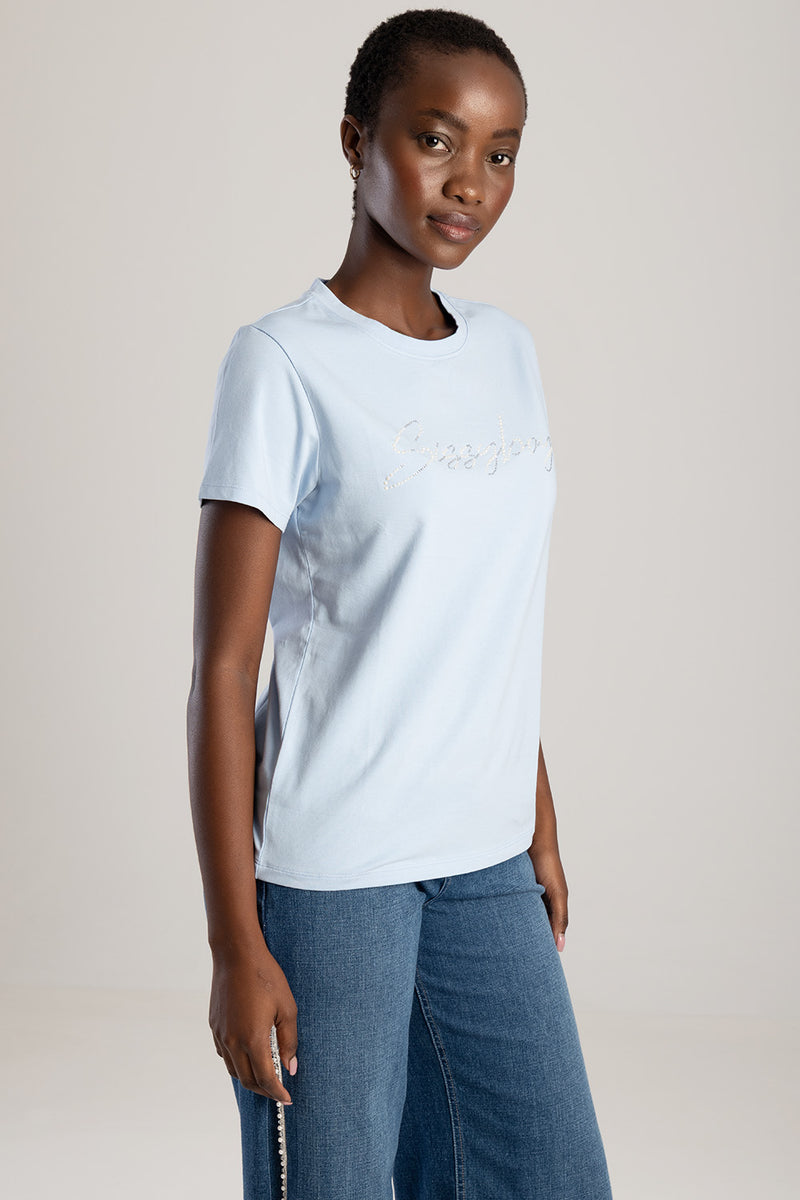 Pearl & Diamante Logo Transfer Regular T-Shirt - Pale Blue