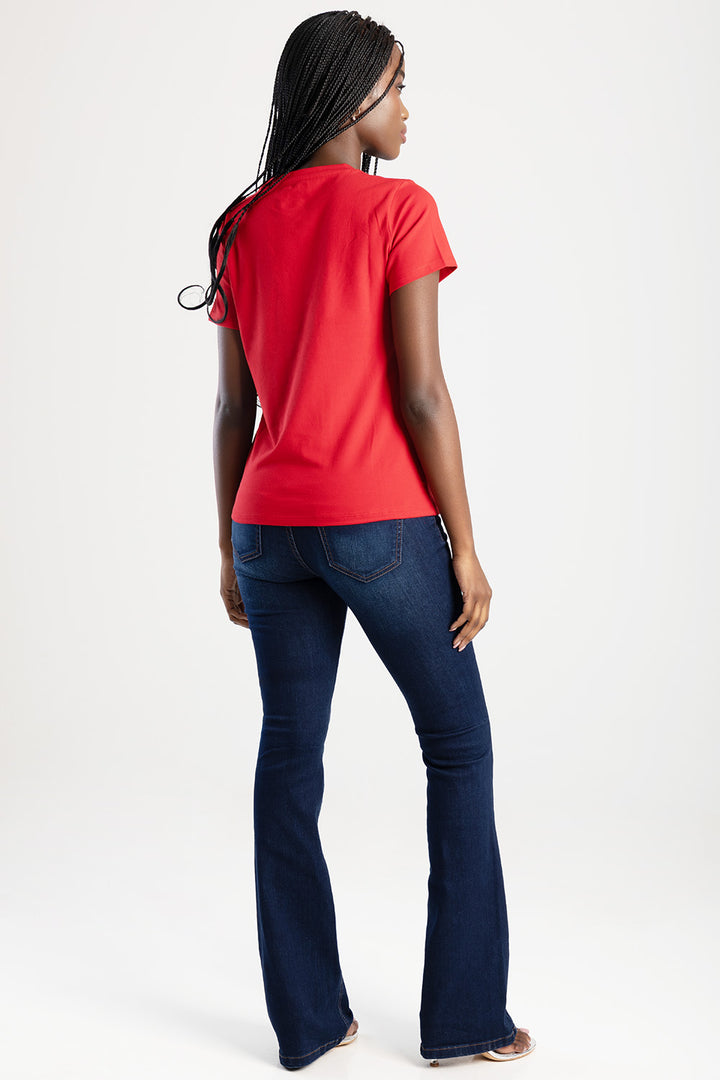 Pearl & Diamante Logo Transfer Regular T-Shirt - Red