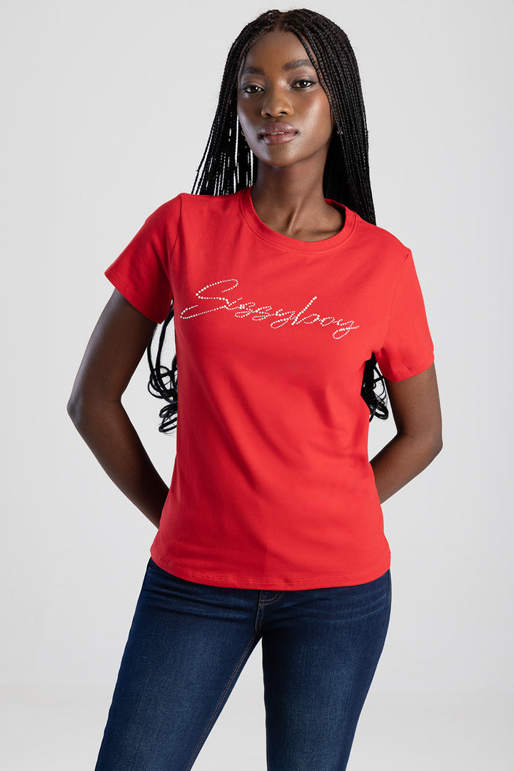 Pearl & Diamante Logo Transfer Regular T-Shirt - Red