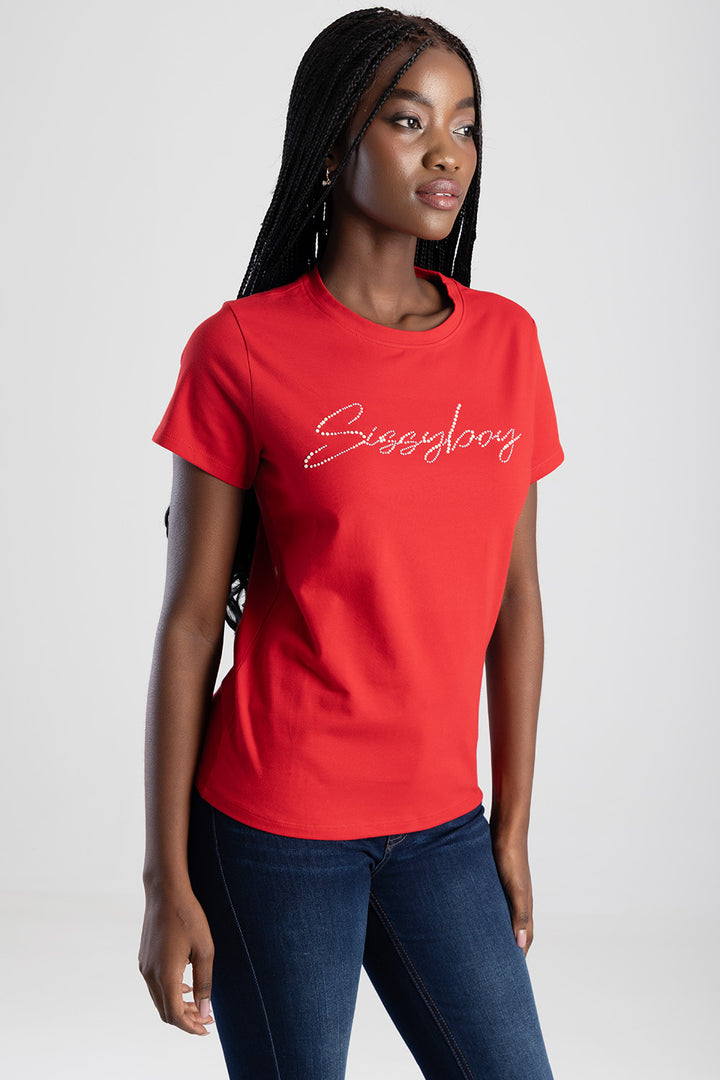 Pearl & Diamante Logo Transfer Regular T-Shirt - Red