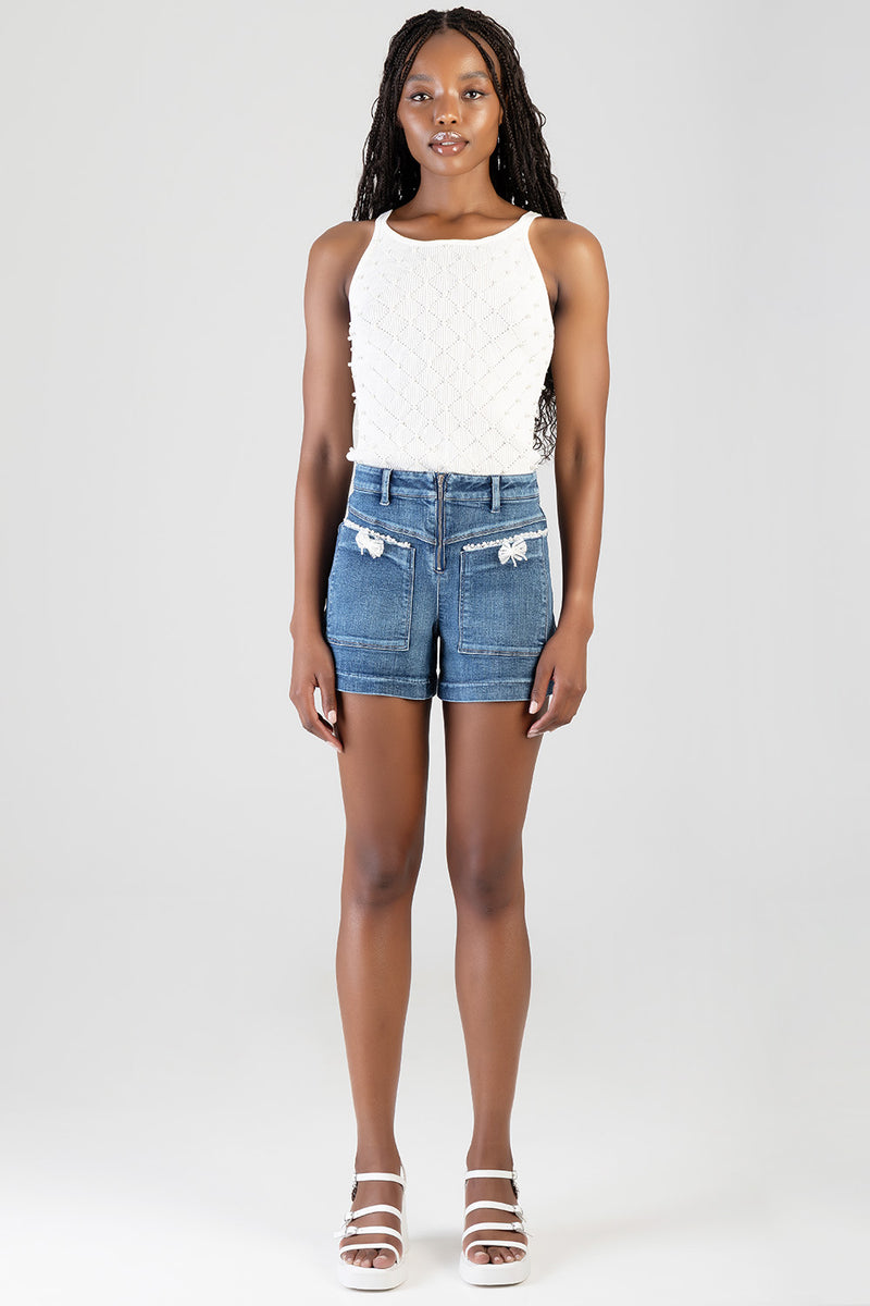 Front Zip & Pocket Detail High Waist Shorts - Medium Wash