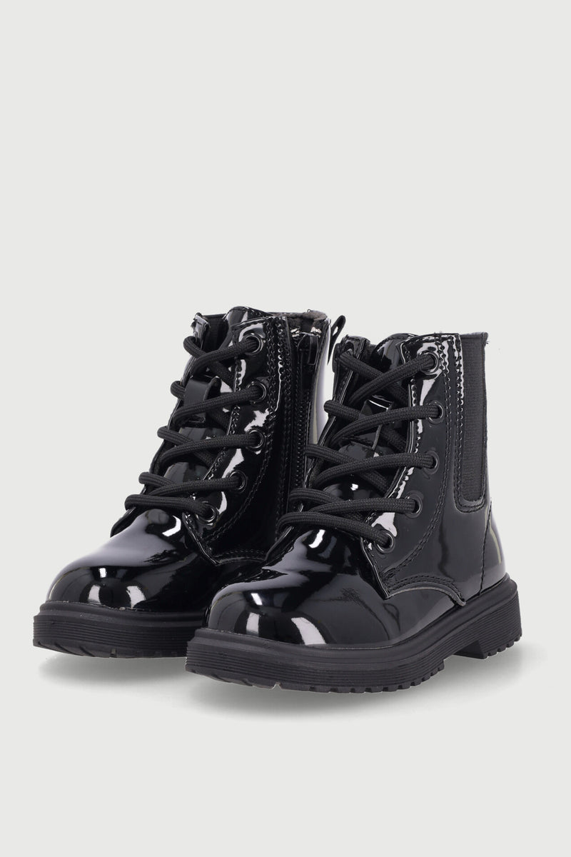 Pre-Girls Patent Military Boot - Black