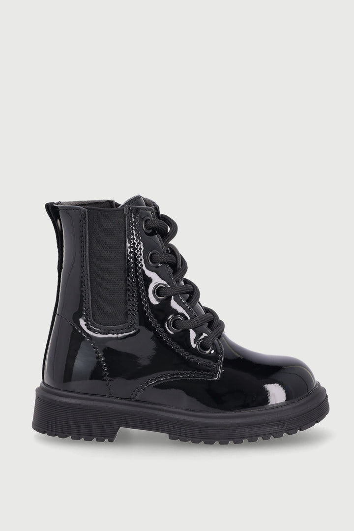 Pre-Girls Patent Military Boot - Black