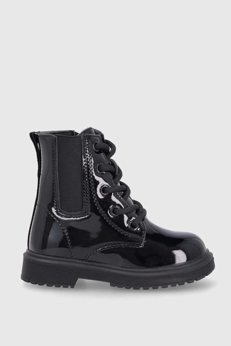 Pre-Girls Patent Military Boot - Black